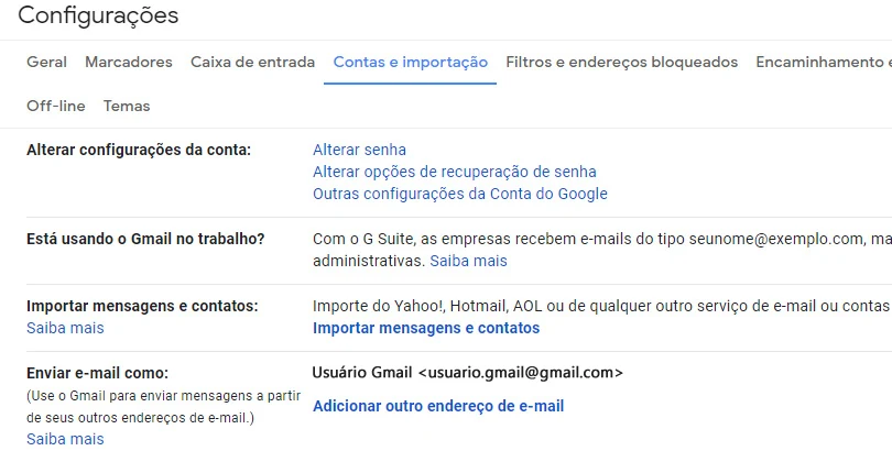 Guia Contas e importação do Gmail com o link Adicionar outro endereço de e-mail