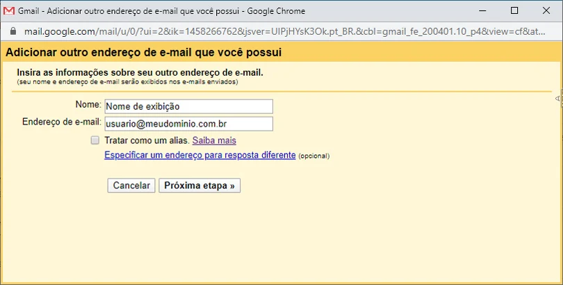 Janela do Gmail para informar nome de exibição e endereço de e-mail