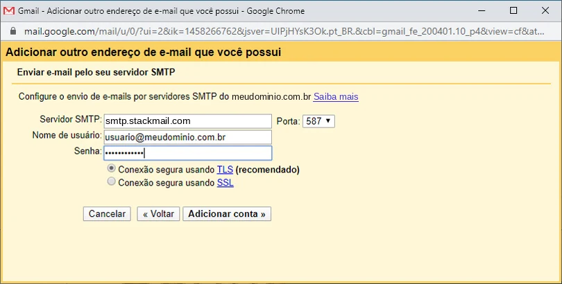 Formulário do Gmail com servidor SMTP smtp.stackmail.com, porta 587 e conexão TLS