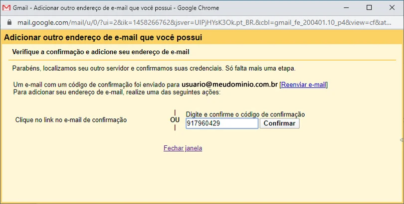 Janela do Gmail pedindo o código de confirmação enviado ao endereço profissional