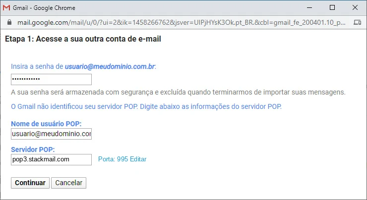 Etapa 1 da importação do Gmail com servidor POP pop3.stackmail.com e porta 995
