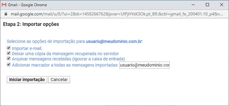 Etapa 2 da importação do Gmail com as opções de importação