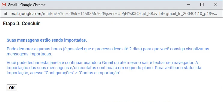 Etapa 3 da importação do Gmail informando que as mensagens estão sendo importadas